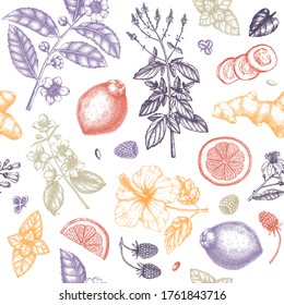 Herbal tea seamless pattern. Hand sketched fruits, herbs, flowers, berries, leaves backdrop. Vector botanical illustration. Perfect for recipe, menu, label, icon, packaging. Herbal tea background