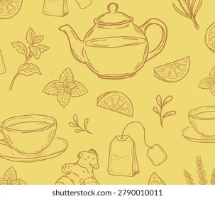 Herbal tea seamless pattern. Hand drawn illustration of teapot, tea cups, and lemon slices. Organic beverage background. Healthy tea ingredients pattern.
