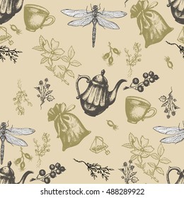 Herbal tea seamless pattern herbs and flowers botanical vintage background 