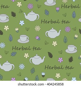 Herbal tea seamless pattern with herbal tea ingredients, cup and teapot.