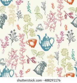 Herbal tea seamless pattern with herbal tea ingredients, cup and teapot, herbs, cranberries, mint, rose, calendula pattern 