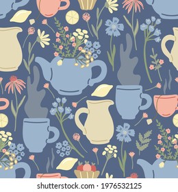 Herbal tea seamless pattern with lemons, tea pots, milk jug, wild flowers and mugs of tea on blue background. Summer morning mood. Great textile for throw pillow, phone cases, bed linens, wallpaper.