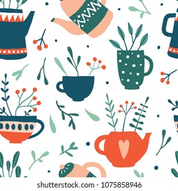 Herbal Tea seamless pattern. Vector background with hand drawn doodle tea illustration. Tea Pots, Cups and Leaves. Cute fabric design