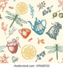 Herbal tea seamless pattern vector botanical decorative vintage background 