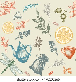 Herbal tea seamless pattern,  herbal tea vintage background 