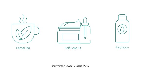 Herbal Tea, Self-Care Kit, and Hydration Vector Icons for Wellness and Nutrition