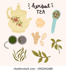 Herbal tea set greeting card,banner,stickers etc. Vector hand drawn illustration.