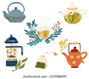 Herbal tea set. Mug with tea berries and leaves collection. Hot natural drink for health. Pharmacist of natural wellness poster, organic, herbal tea, wild flowers and herbs. Vector illustration