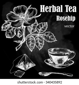 Herbal tea  set. Rose hip tea. Hand drawn.  Chalkboard background.