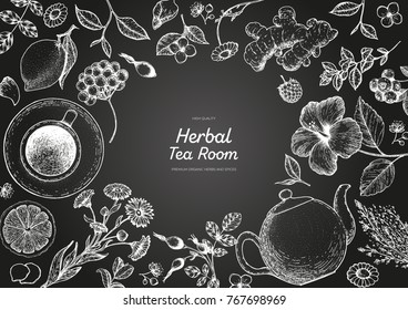 Herbal Tea shop frame vector illustration. Vector design with herbal tea ingredients. Hand drawn sketch collection. Engraved style.