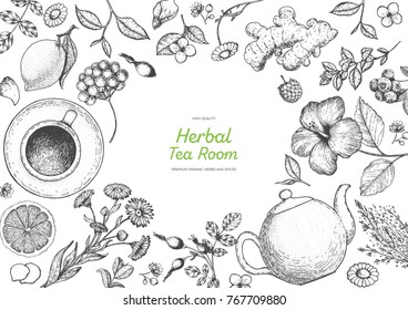 Ilustración vectorial de la tienda de té herbal. Diseño vectorial con ingredientes para el té de hierbas. Colección de boceto dibujado a mano. Estilo grabado.