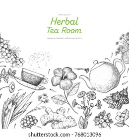 Herbal Tea shop frame vector illustration. Vector design with herbal tea ingredients. Healthy food and drink. Hand drawn sketch collection. Engraved style.