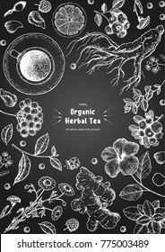 Herbal Tea shop frame vector illustration. Vector design with herbal ingredients. Hand drawn sketch collection. Engraved style.