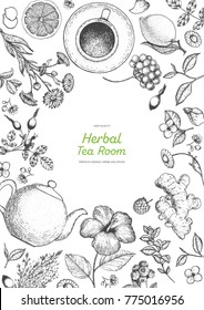 Ilustración vectorial de la tienda de té herbal. Diseño vectorial con ingredientes para el té de hierbas. Colección de esbozo dibujado a mano. Afiche vertical. Estilo grabado.