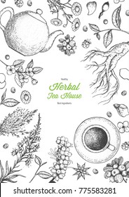 Herbal Tea Shop Frame Vector Illustration. Vector Design With Herbal Tea Ingredients. Hand Drawn Sketch Collection. Vertical Poster. Engraved Style.