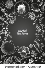 Herbal Tea shop frame vector illustration. Vector design with herbal tea ingredients. Hand drawn sketch collection. Vertical poster. Engraved style.