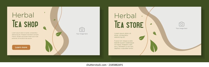 Set de plantillas de banner para la tienda de té de hierbas, anuncio de bebidas calientes orgánicas, anuncio horizontal de bebidas saludables, publicación de marketing de contenido de hojas verdes, folleto creativo, aislado en segundo plano