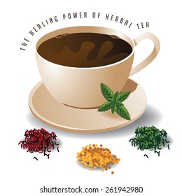 Herbal tea with text and heaps of herbs EPS10 vector royalty free stock illustration for ad, promotion, poster, flier, blog, article, social media, marketing, signage, brochure, alternative medicine