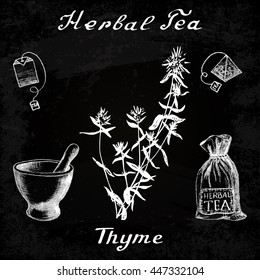 Herbal tea, thyme, mortar and pestle, bag. Vector hand drawn illustration. Chalk board. Botanical drawing. Pencil drawing