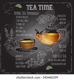 Herbal Tea Time card with cup, teapot, spoon, flowers  and  leaves.  Mint, Hibiscus.  Freehand drawing with imitation of chalk sketch. Hot beverage. White lines on dark background.