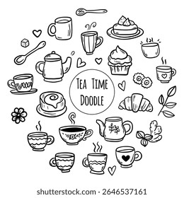 Chá de ervas Doodles tempo. Minimalista Linha Ícones de Rituais e Ingredientes de chá