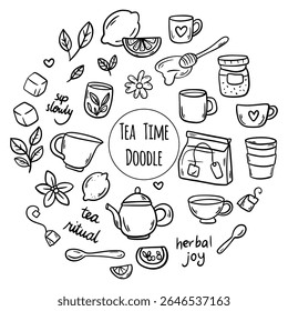 Chá de ervas Doodles tempo. Minimalista Linha Ícones de Rituais e Ingredientes de chá