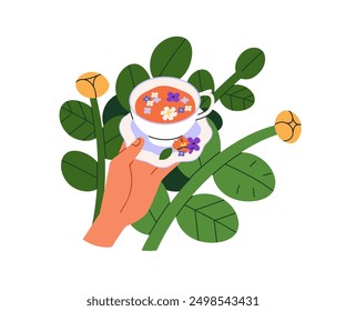 Herbal tea time. Female hand holding cup and saucer with herbs, flowers in morning beverage. Enjoying drink in garden, relaxing morning in nature. Flat vector illustration isolated on white background