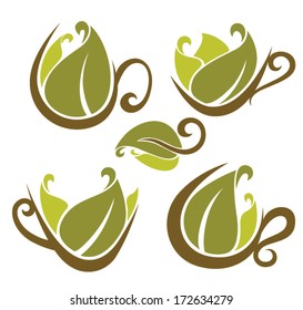 herbal tea, vector collection of cups full of organic drinks
