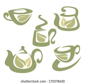 herbal tea, vector collection of pots and cups full of organic drinks