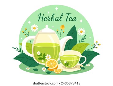 Ilustración del vector del té de hierbas con las hojas de manzanilla de la bebida de la salud verde y la mezcla de las flores para aumentar la resistencia en el fondo plano de la historieta