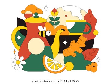 Kräutertee-Vektorgrafik mit Kamillenblättern als gesundes grünes Getränk mit einer Blumenmischung, um die Ausdauer auf flachem Cartoon-Hintergrund zu steigern