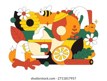 Kräutertee-Vektorgrafik mit Kamillenblättern als gesundes grünes Getränk mit einer Blumenmischung, um die Ausdauer auf flachem Cartoon-Hintergrund zu steigern