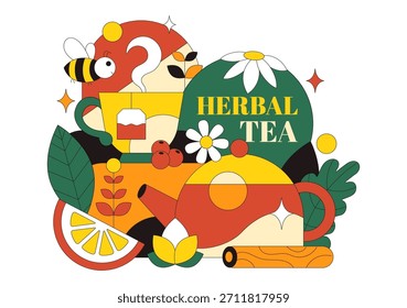 Kräutertee-Vektorgrafik mit Kamillenblättern als gesundes grünes Getränk mit einer Blumenmischung, um die Ausdauer auf flachem Cartoon-Hintergrund zu steigern
