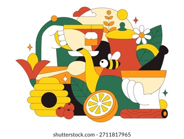 Kräutertee-Vektorgrafik mit Kamillenblättern als gesundes grünes Getränk mit einer Blumenmischung, um die Ausdauer auf flachem Cartoon-Hintergrund zu steigern