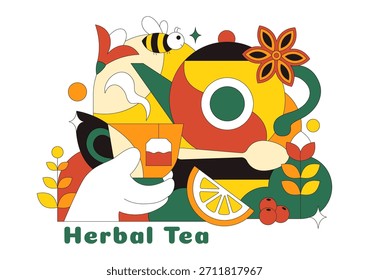 Ilustración vectorial de té de hierbas con hojas de manzanilla como una bebida verde saludable con una mezcla de flores para aumentar la resistencia en un fondo plano de dibujos animados