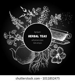 Herbal tea vector illustration. Healthy tea collection. Chalkboard style.