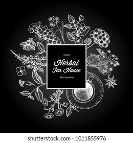 Herbal tea vector illustration. Menu label. Healthy food concept. Linear graphic.