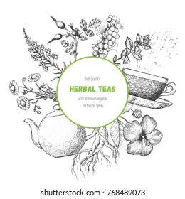 Herbal tea vector illustration. Menu label. Healthy food concept. Linear graphic.