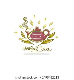 herbal tea vector line art logo with handrawn leaves, lettering composition and teapot full ofof herbal tea