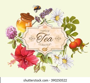 Pancarta vintage con miel, cadera de rosa y flor de hibisco. Diseño para té, miel, cosméticos de hierbas, tienda, comestibles, productos de salud. Se puede usar como diseño. Ilustración vectorial.