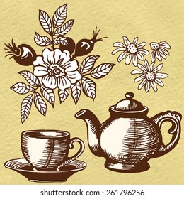 Herbal tea, wild rose and chamomile. Flowers and berries. 
