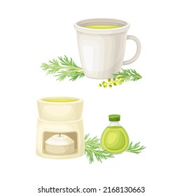 Herbal tea and wormwood tincture set. Artemisia mongolica, flowering herbaceous medicinal plant vector illustration