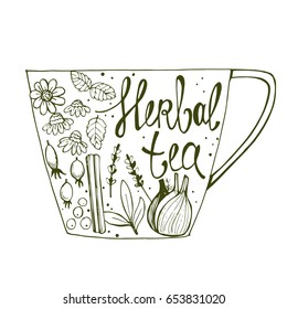 Herbal tea.Handmade drawing. Lettering. Vector illustration.