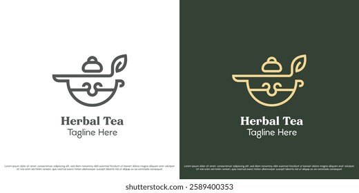 Herbal teapot logo design vector illustration. Herbal teapot tea silhouette health natural pharmacy green fresh mint drink beverage restaurant. Simple vector icon symbol minimal abstract linear line.