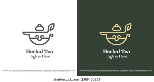 Herbal teapot vector logo design illustration. Herbal teapot tea silhouette health natural pharmacy green fresh mint drink beverage restaurant. Simple vector icon symbol minimal abstract linear line.