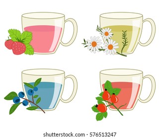 Herbal teas of four kinds. Vector illustration.