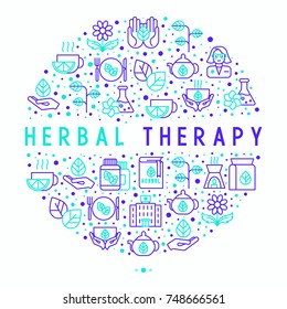 Herbal therapy concept in circle with thin line icons: herbalist, decoction, aromatic oil, oil burner, tea. Vector illustration for banner, web page, print media.