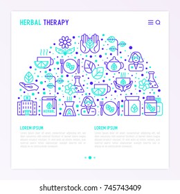 Herbal therapy concept in half circle with thin line icons: herbalist, decoction, aromatic oil, oil burner, tea. Vector illustration for banner, web page, print media.