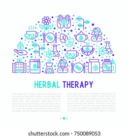 Herbal therapy concept in half circle with thin line icons: herbalist, decoction, aromatic oil, oil burner, tea. Vector illustration for banner, web page, print media.