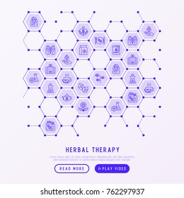 Herbal therapy concept in hineycombs with thin line icons: herbalist, decoction, aromatic oil, oil burner, tea. Vector illustration for banner, web page, print media.